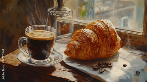 Coffee and Croissant Morning Window Scene