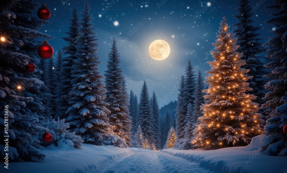 Magical winter forest under a full moon Magical winter forest under a full moon