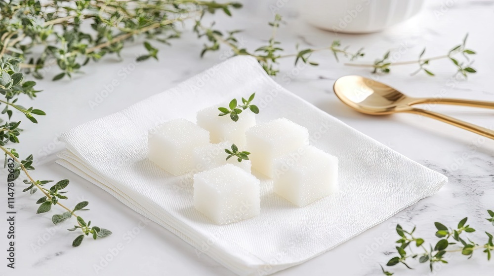 Sugar Cubes on Napkin Surrounded by Fresh Thyme and Gold Spoon Sugar Cubes on Napkin Surrounded by Fresh Thyme and Gold Spoon