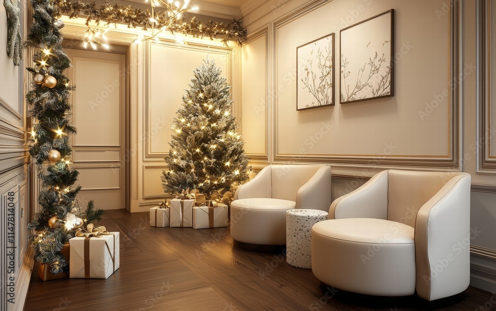 Fototapeta premium A relaxing beauty salon lounge with cozy seating, holiday garlands, and a small frosted Christmas tree in the corner