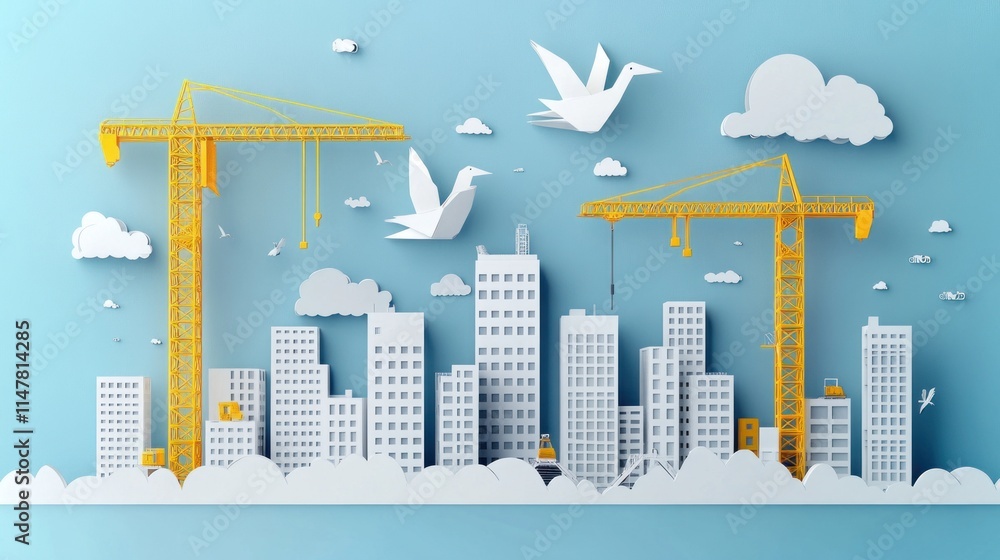Obraz premium Paper cutout city with cranes and birds.