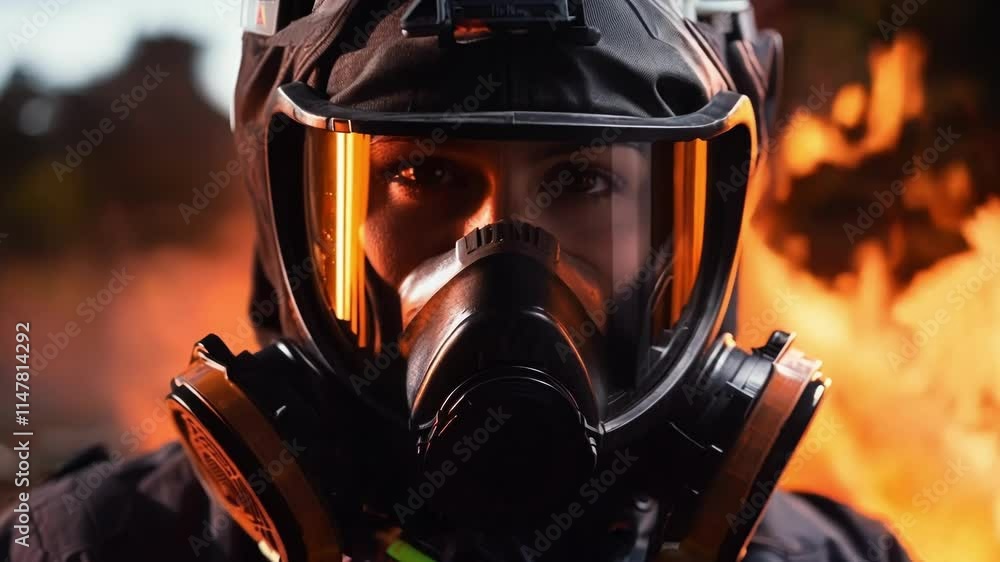 Determined woman in a gas mask faces a fiery danger, showing readiness and courage Determined woman in a gas mask faces a fiery danger, showing readiness and courage