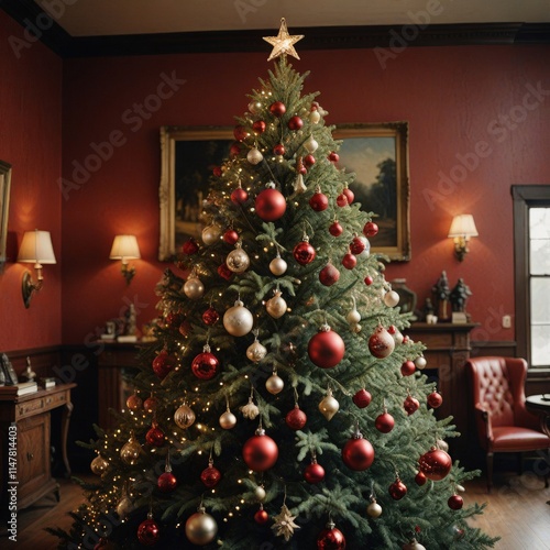 Christmas tree with red and gold ornaments on bokeh background