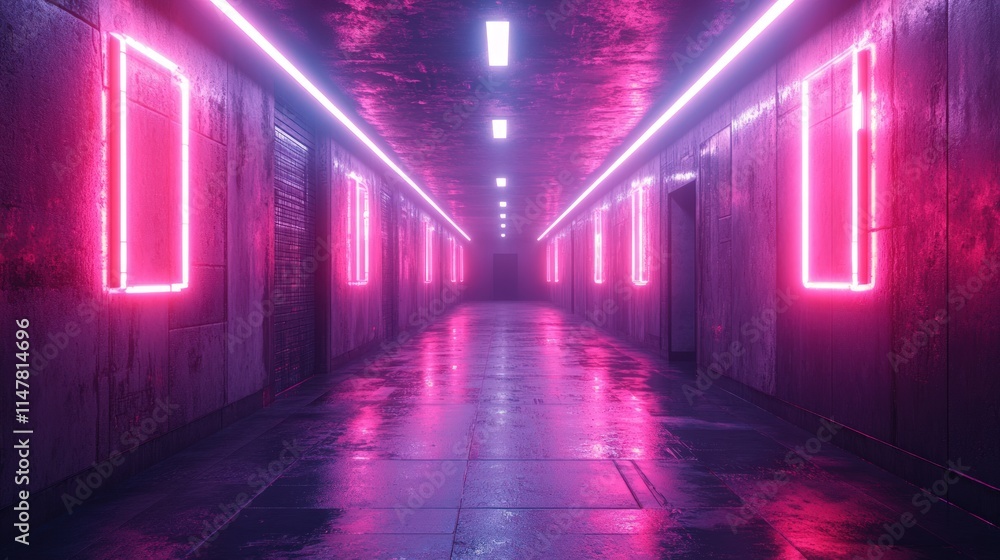 Fototapeta premium Neon-lit hallway, wet floor, pink and purple.