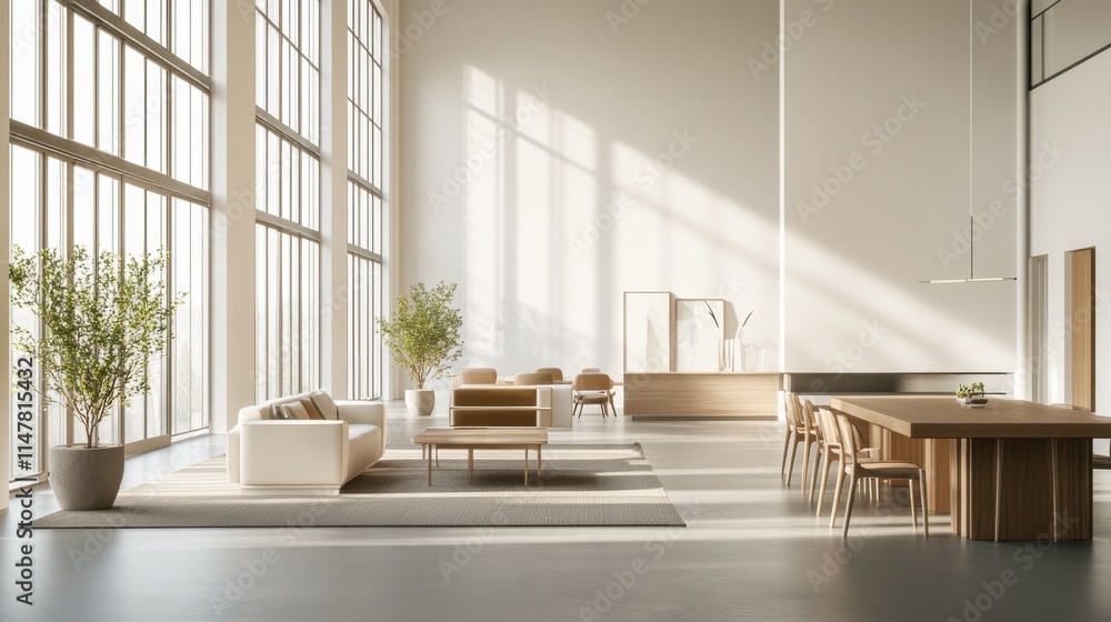 Fototapeta premium Minimalist modern loft with clean, sophisticated design. Featuring neutral tones and sleek furnishings