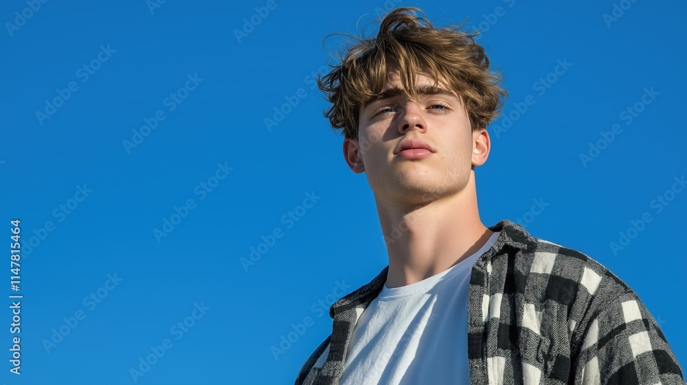 Young man in plaid shirt against blue sky. Youth fashion portrait Young man in plaid shirt against blue sky. Youth fashion portrait