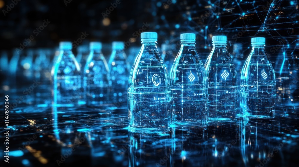 Line of digital water bottles with blue digital connections. Line of digital water bottles with blue digital connections.