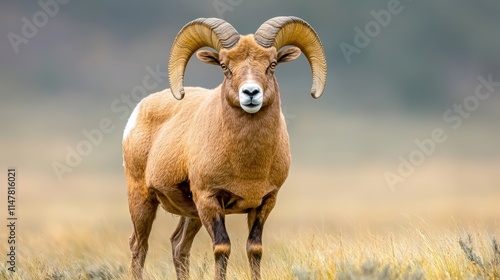 The impressive bighorn sheep, with its sheer size and formidable horns curving gracefully backwards, gazes directly into the camera with a majestic presence. photo