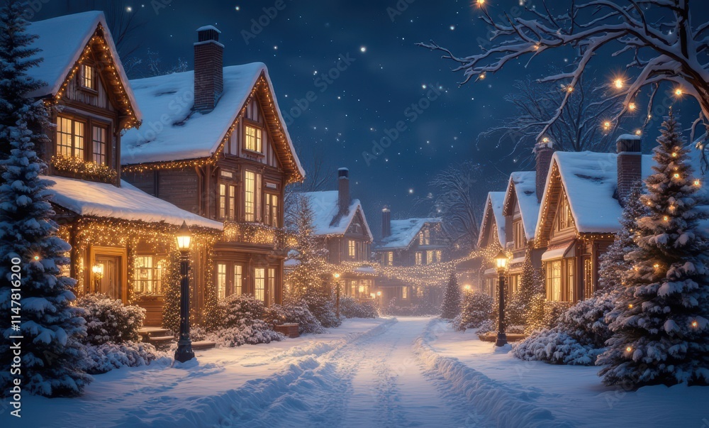 Charming winter village at night Charming winter village at night