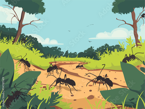 Ant Pheromone Trail Guided Landscape in Vibrant Flat Style