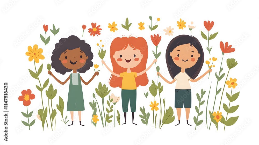 Flat vector of friends playing Holi with water sprays, surrounded by flowers and festive vibes Flat vector of friends playing Holi with water sprays, surrounded by flowers and festive vibes