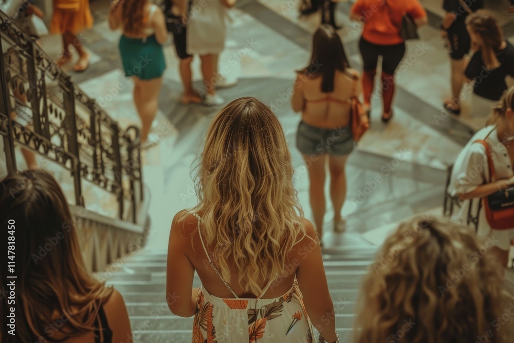 Rear view of a young woman with long curly hair walking down the stairs. Rear view of a young woman with long curly hair walking down the stairs.