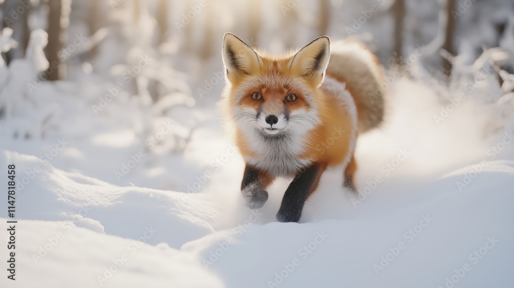 A red fox joyfully running through a pristine snowy forest, with sunlight illuminating its vibrant fur and creating a serene winter atmosphere A red fox joyfully running through a pristine snowy forest, with sunlight illuminating its vibrant fur and creating a serene winter atmosphere