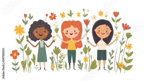 Flat vector of friends playing Holi with water sprays, surrounded by flowers and festive vibes photo