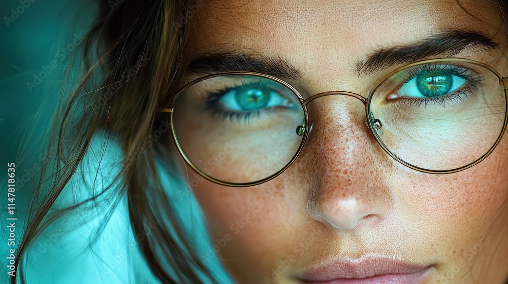 Close-up portrait of a young woman with freckles and green eyes wearing round glasses. Close-up portrait of a young woman with freckles and green eyes wearing round glasses.