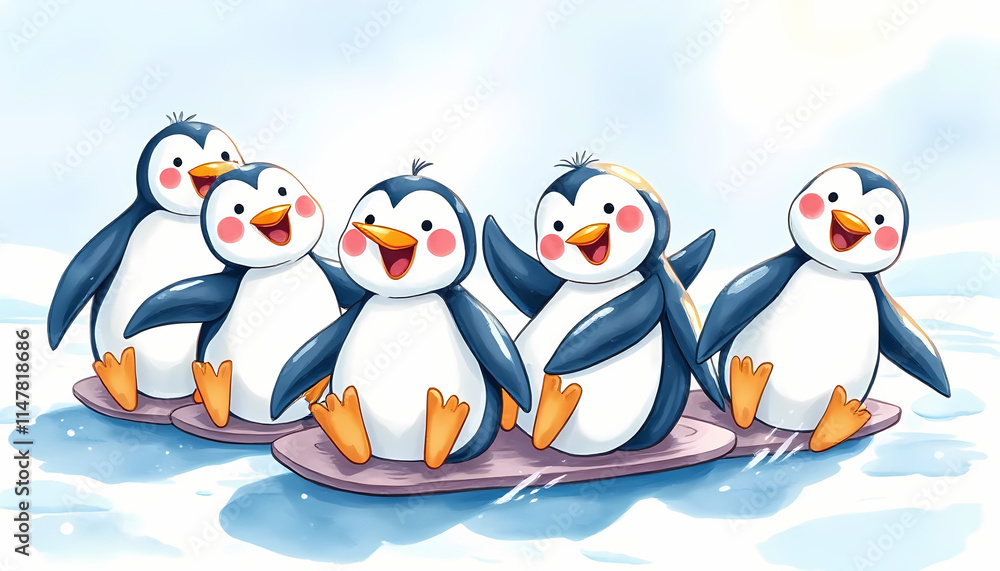 Fototapeta premium Cartoon penguins happily sliding on ice in a cheerful winter scene
