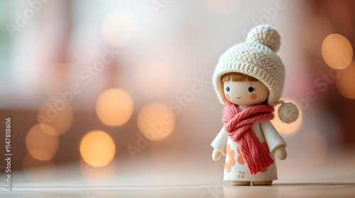 A whimsical doll with a warm hat and scarf, showcasing a charming and cozy design