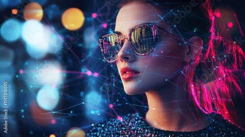 Woman wearing glasses with digital network overlay.