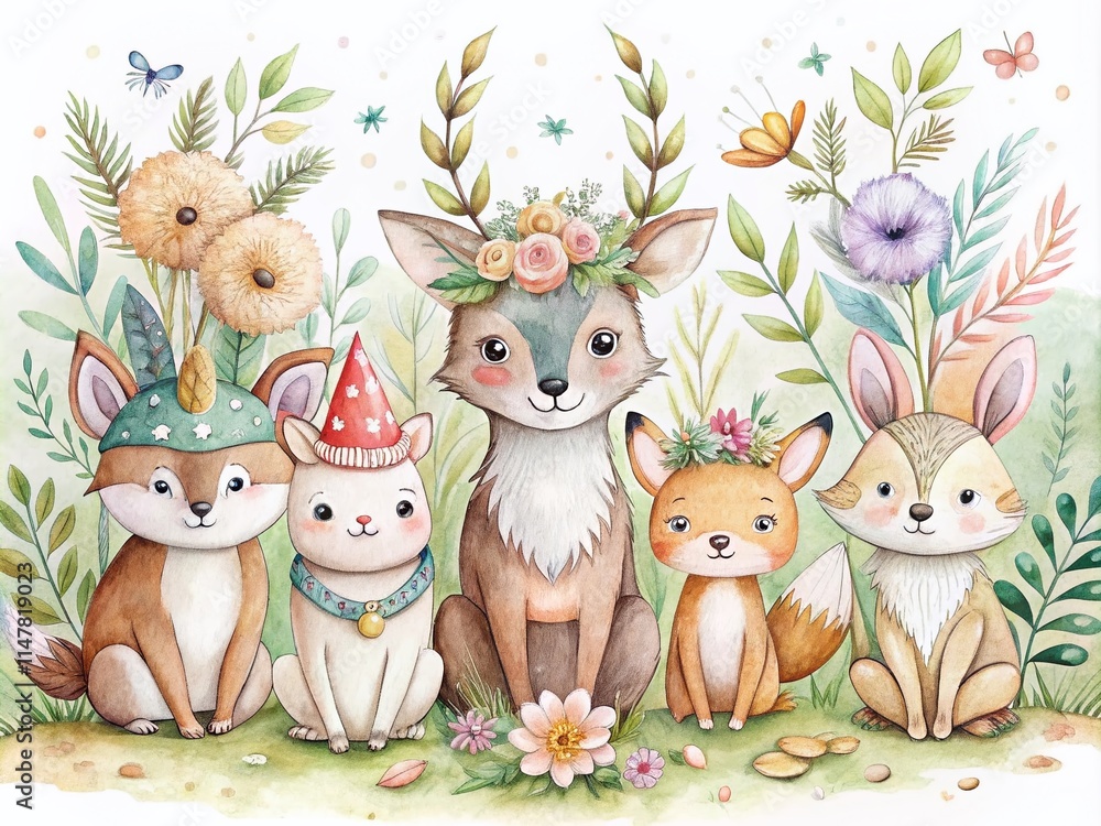 Obraz premium Cute Woodland Animals Watercolor Poster, Boho Kids Room Decor, Cartoon Animal Illustration