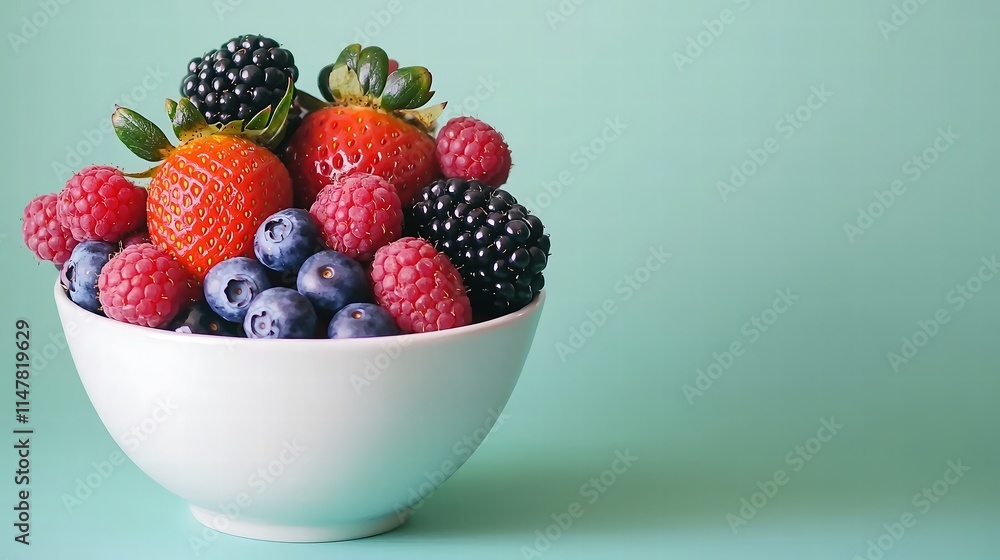 A vibrant arrangement of assorted berries, including strawberries, blueberries, raspberries, and blackberries, artfully placed in a clean white bowl. Each berry showcases its natural shine and A vibrant arrangement of assorted berries, including strawberries, blueberries, raspberries, and blackberries, artfully placed in a clean white bowl. Each berry showcases its natural shine and