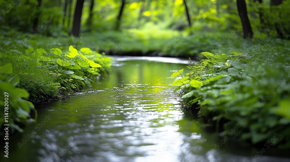 A serene forest stream with crystal-clear water reflecting the vibrant greenery of surrounding plants and trees, creating a peaceful and tranquil atmosphere A serene forest stream with crystal-clear water reflecting the vibrant greenery of surrounding plants and trees, creating a peaceful and tranquil atmosphere