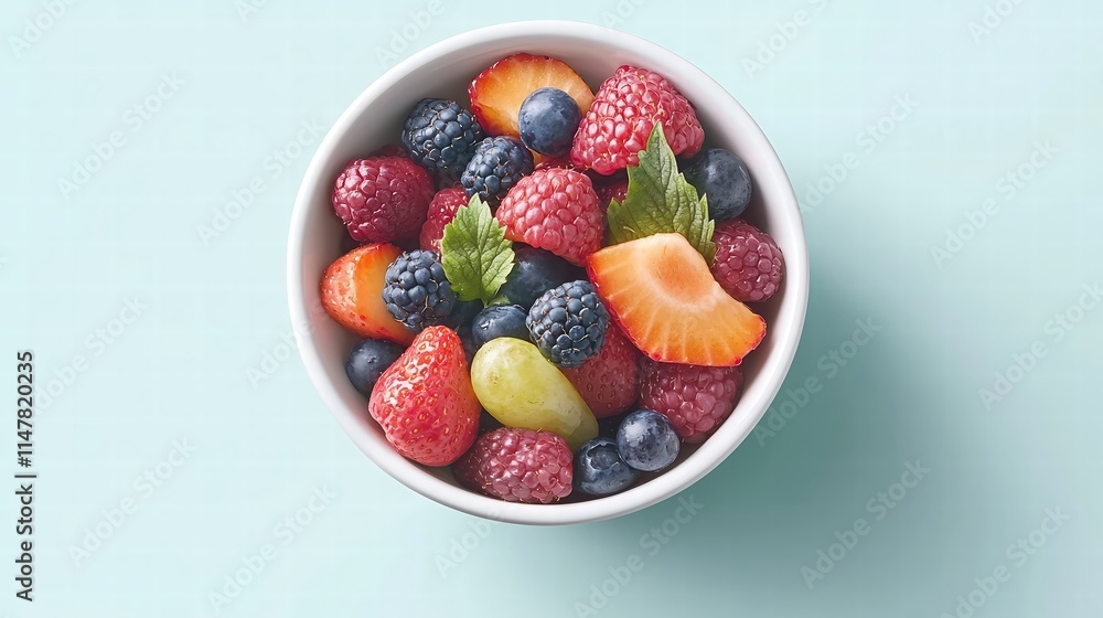 A dynamic overhead view of a white bowl brimming with freshly picked berries, showcasing a colorful spectrum. Strong lighting creates dramatic shadows that accentuate the natural curves and vibrance A dynamic overhead view of a white bowl brimming with freshly picked berries, showcasing a colorful spectrum. Strong lighting creates dramatic shadows that accentuate the natural curves and vibrance