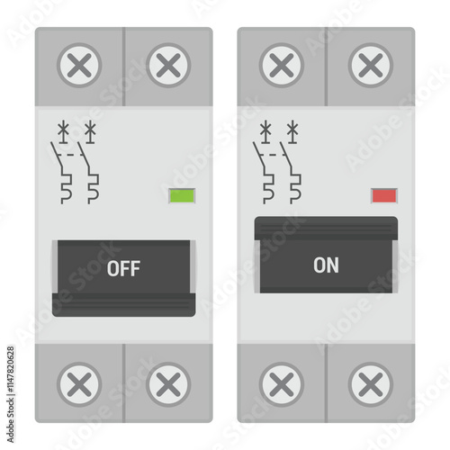 Double pole circuit breaker for DIN rail mount. Flat vector illustration isolated on white