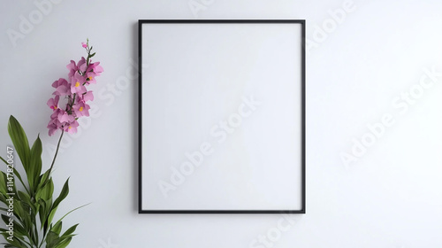 Minimalist black picture frame with orchids and a light background, showcasing a modern aesthetic and elegant home decor. photo