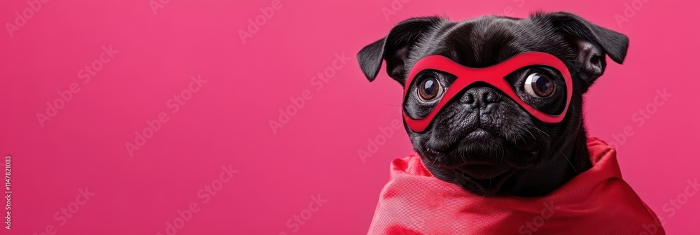 Black pug wearing red cape and mask against pink. Black pug wearing red cape and mask against pink.