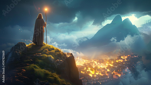 figure stands on mountain peak, holding glowing staff, overlooking mystical village illuminated by warm lights. scene captures sense of wonder and adventure