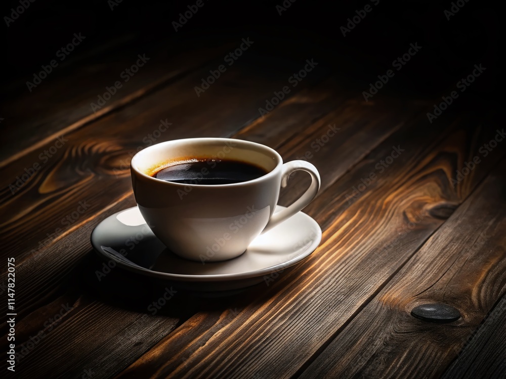 Obraz premium Dark Coffee Cup, Low Light Photography, Forced Perspective, Wooden Table, Half Full