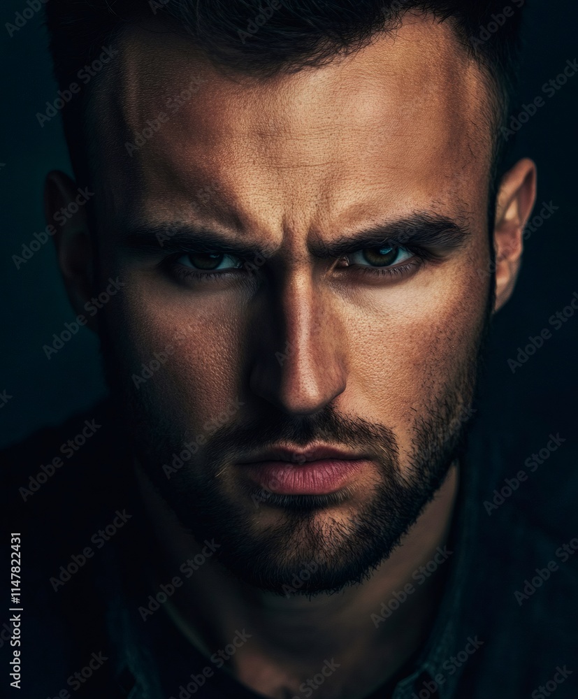 Close up portrait featuring a serious young man frowning with an intense expression, showcasing strong emotions against a dark background Close up portrait featuring a serious young man frowning with an intense expression, showcasing strong emotions against a dark background