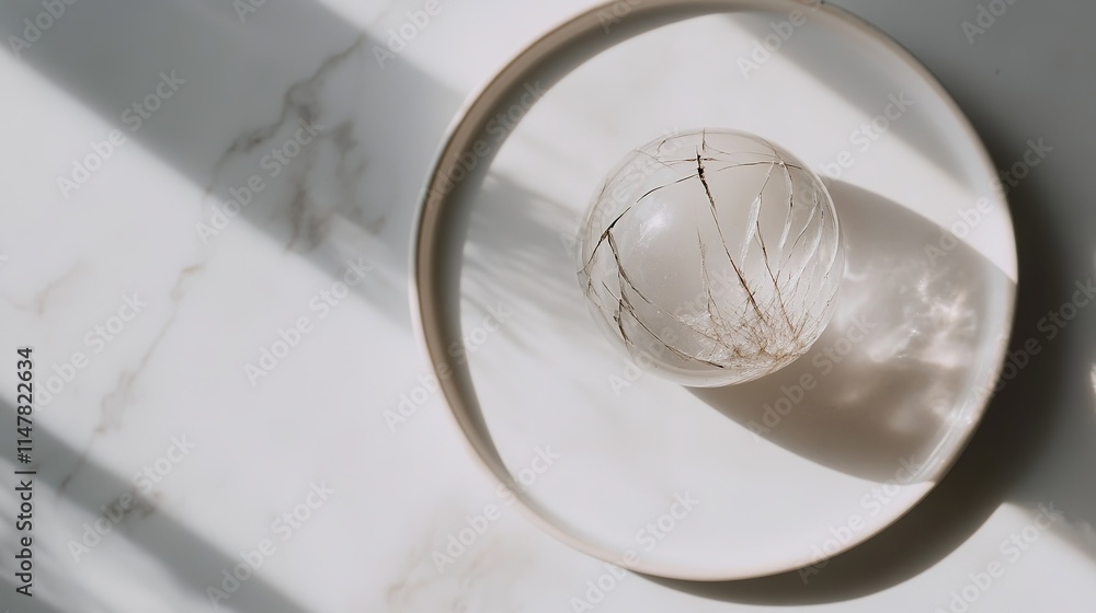 clean flat lay of cracked crystal ball resting on smooth white ceramic plate under soft natural light clean flat lay of cracked crystal ball resting on smooth white ceramic plate under soft natural light