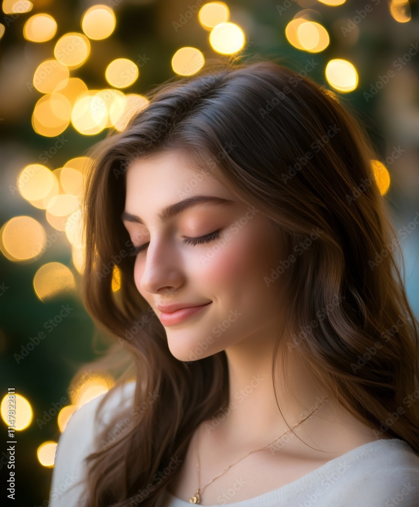 Serene female portrait with closed eyes, soft smile, bathed in warm Christmas light glow, evoking peaceful holiday mood Serene female portrait with closed eyes, soft smile, bathed in warm Christmas light glow, evoking peaceful holiday mood