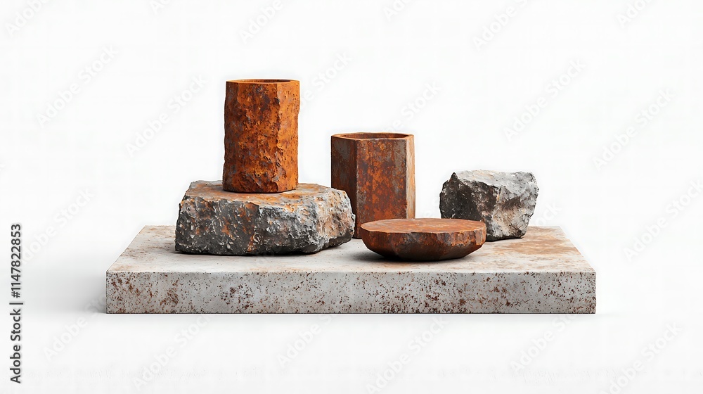 An abstract outdoor installation featuring a fusion of rusted metal and rugged stone, capturing the essence of industrial artistry, placed on a uniform neutral backdrop that allows the sculpture to An abstract outdoor installation featuring a fusion of rusted metal and rugged stone, capturing the essence of industrial artistry, placed on a uniform neutral backdrop that allows the sculpture to