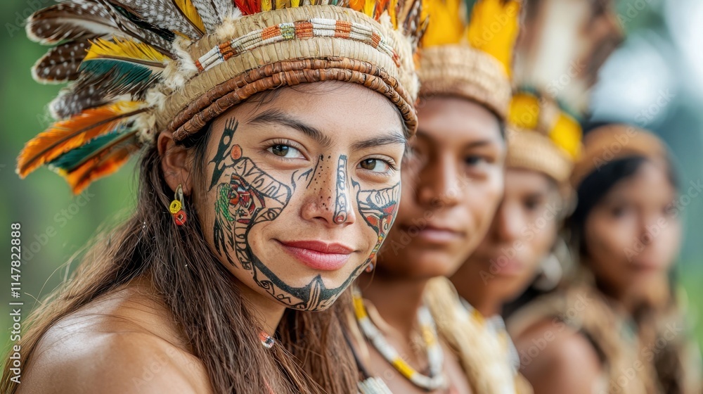 The group portrait features indigenous individuals from the Amazon region adorned with intricate ritual paintings on their faces and wearing elaborate headdresses The group portrait features indigenous individuals from the Amazon region adorned with intricate ritual paintings on their faces and wearing elaborate headdresses