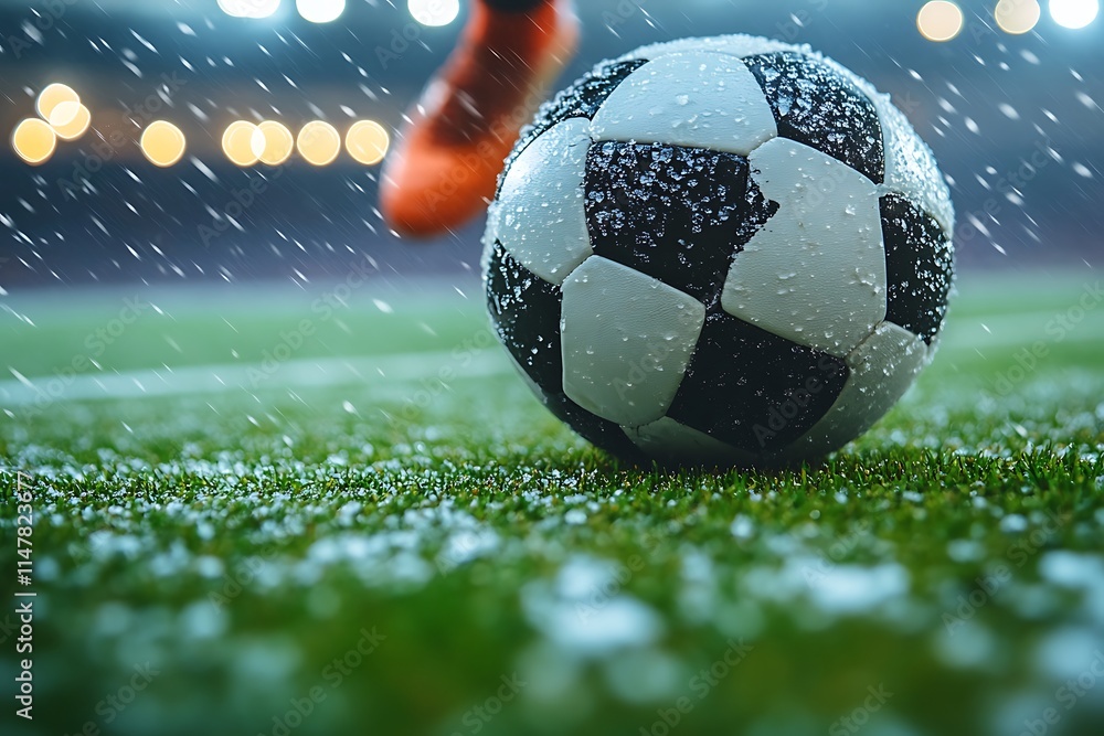 Naklejka premium Soccer ball in the rain on a wet field at night
