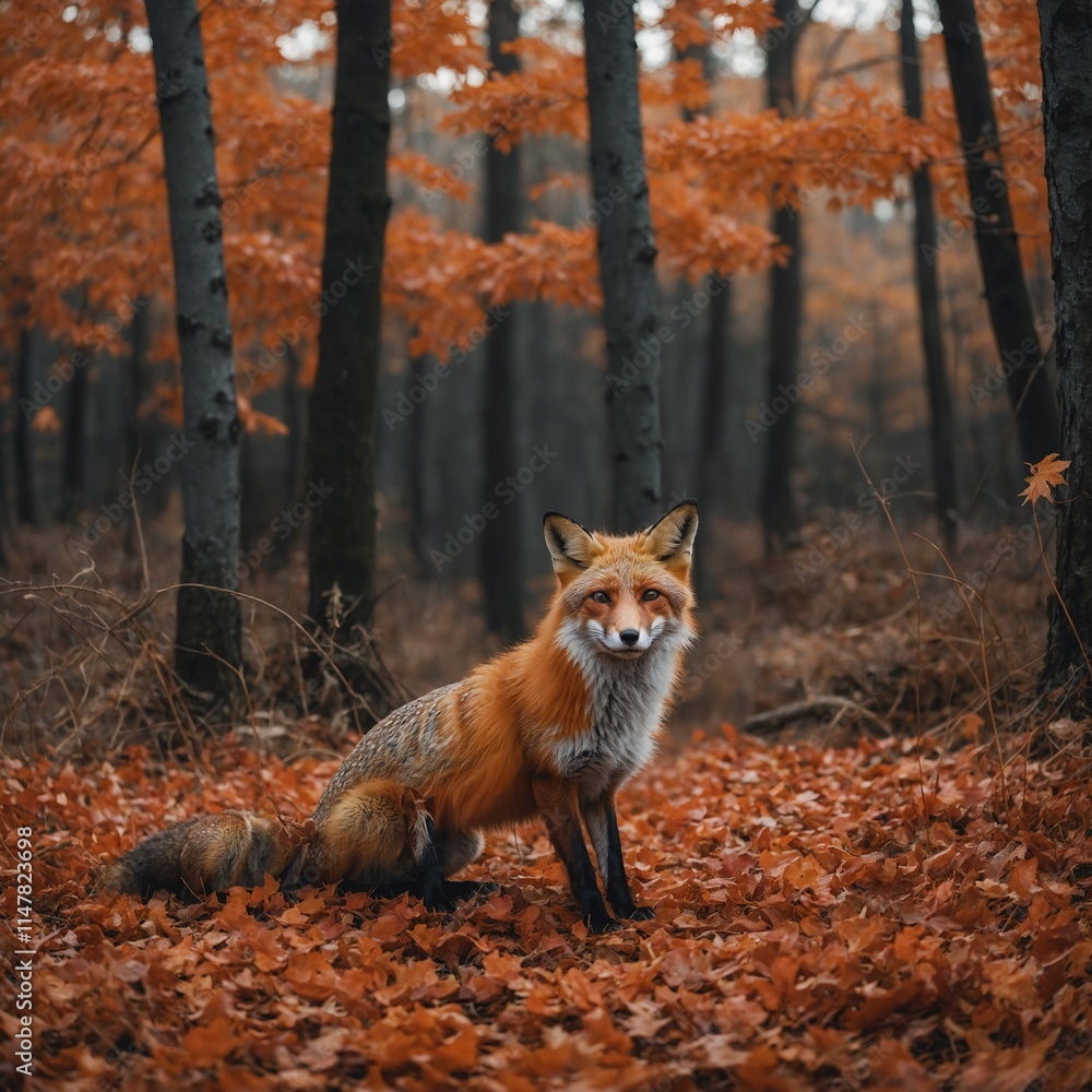 Obraz premium A delicate handcrafted fox sitting in a serene autumn forest, surrounded by vibrant orange and red leaves.