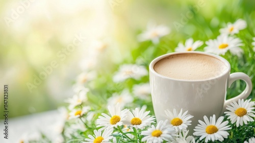 Imagine sipping on a warm cup of coffee in a tranquil garden filled with blooming daisies photo