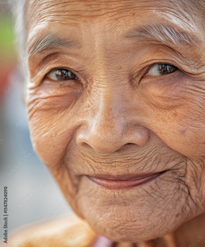 Portrait of a peaceful and serene elderly asian woman with wrinkles showing a slight smile Portrait of a peaceful and serene elderly asian woman with wrinkles showing a slight smile
