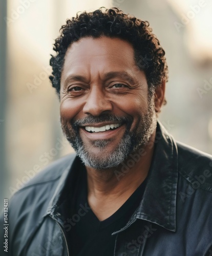 Smiling mature Black male in black leather jacket radiating confidence while standing outdoors with bright white teeth