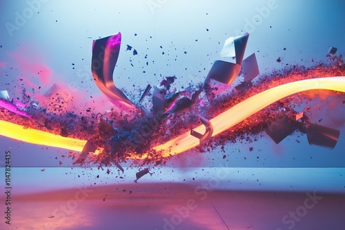 frozen moment of neon ribbon exploding into abstract shapes under bright natural light photo