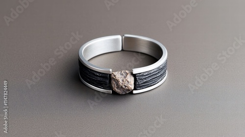 A minimalist silver bracelet adorned with a rough-cut stone, embodying modern elegance and a tribal aesthetic. The juxtaposition of the sleek silver band and the raw stone creates an eye-catching photo