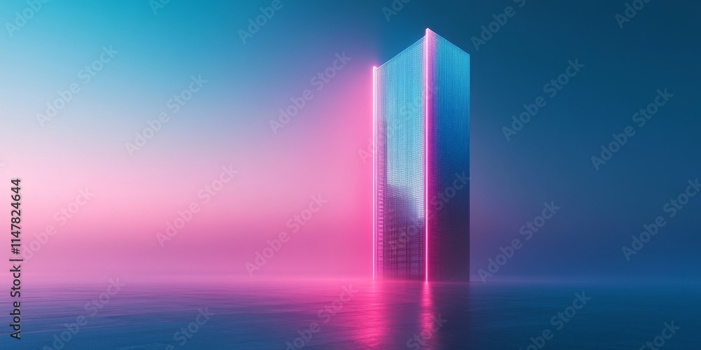 A single skyscraper with neon lights, positioned on a simple, spacious background. A single skyscraper with neon lights, positioned on a simple, spacious background.