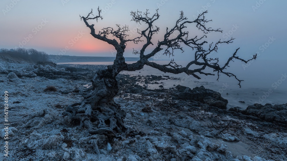 Sunrise over frost-covered, dead tree on rocky coast. Sunrise over frost-covered, dead tree on rocky coast.