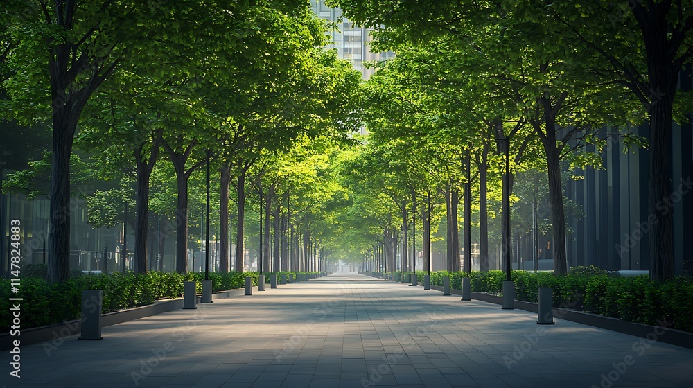 Lush green trees line the streets of an urban park, creating a serene escape amidst the bustling city. The trees are perfectly planted, adding a touch of nature to the concrete jungle 