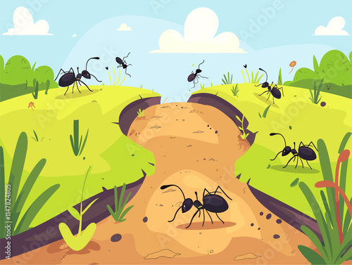 Ant Pheromone Trails: Tiny Chemical Markers Guiding Ant Traffic, Revealed in Vibrant Flat-Style Landscape