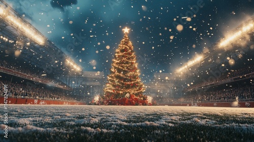 generate a football field with christmas vibes all over the arena. There is a giant christmas tree at the center and the audience on the bleachers are cheering, it is snowing photo