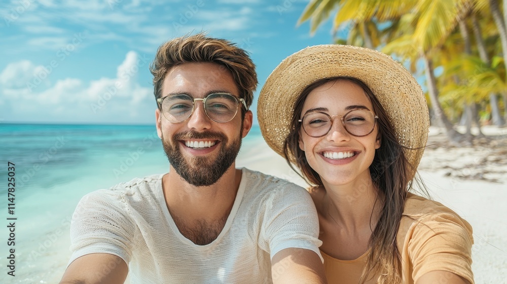 The image shows a lovely young couple holding hands and smiling brightly as they sit on a white sandy beach, with crystal clear blue waters and palm trees swaying in the background The image shows a lovely young couple holding hands and smiling brightly as they sit on a white sandy beach, with crystal clear blue waters and palm trees swaying in the background