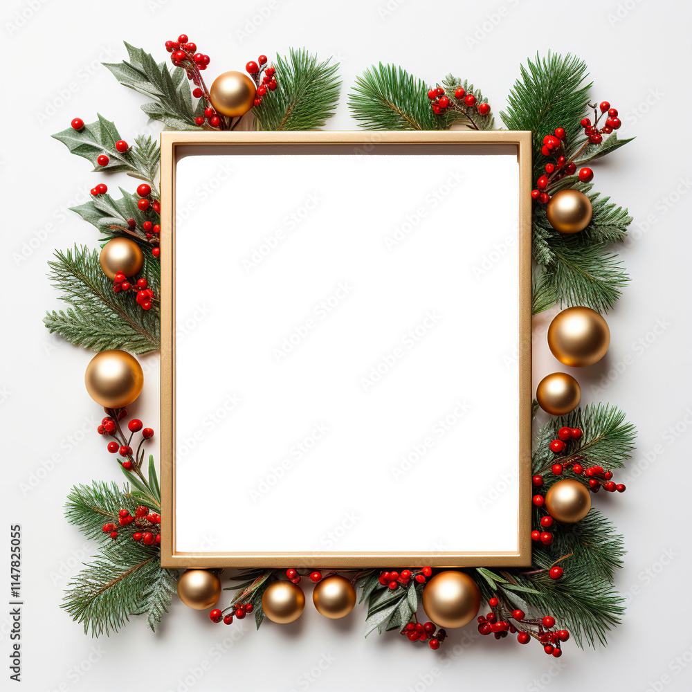 christmas frame with branches and balls